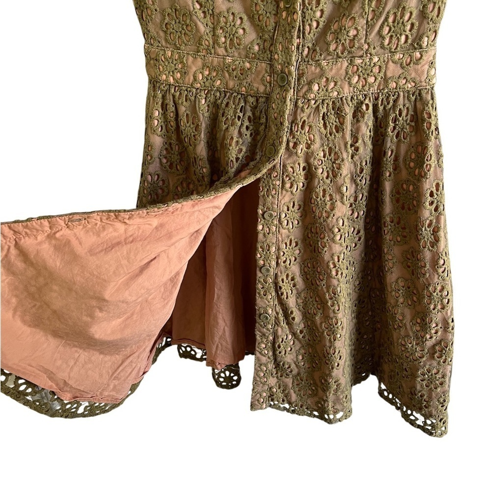 Anthropologie Ark and Co Olive Green Peplum Ruffled Lace Overlay Dress Medium - Picture 3 of 10